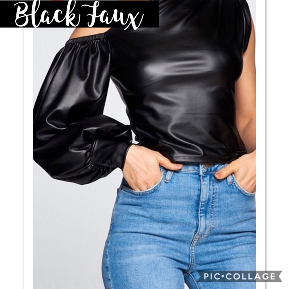 1 left! Black Faux Leather Top-1 Shoulder - Picture 2 of 4